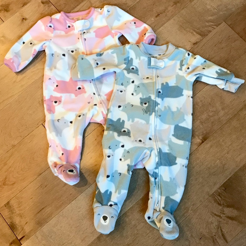 Carter’s Twin Set B/G Blue Pink Bear Fleece Footie Pajamas Set of 2 EUC!